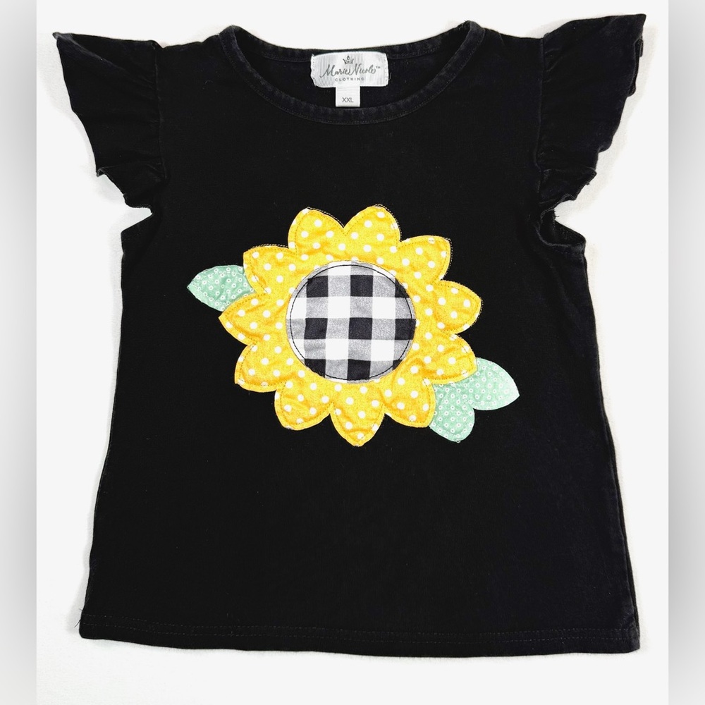 MARIE NICOLE CLOTHING Black Sunflower Applique Cap Sleeve Floral T-Shirt Size 6